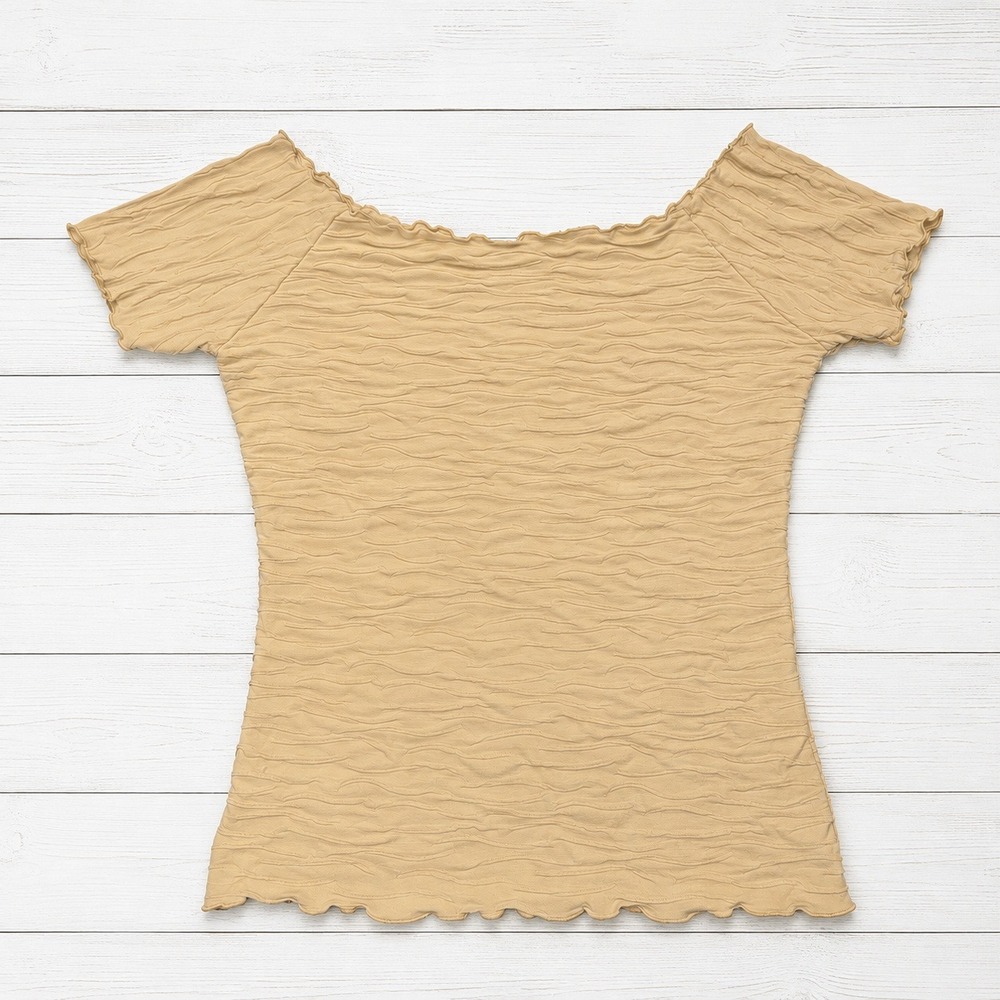 Haystacks Textured Crinkle Short Sleeve Lettuce Edge Top Small Beige Neutral